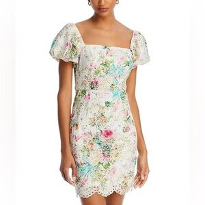 FORE White Lace Floral Print Mini Dress Puff Sleeves L